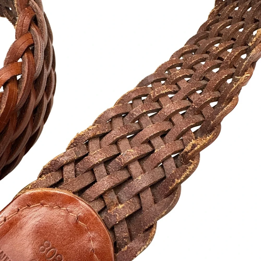 Lands' End Brown Braided Leather Belt Size 30 Woven Brass Buckle Casual
